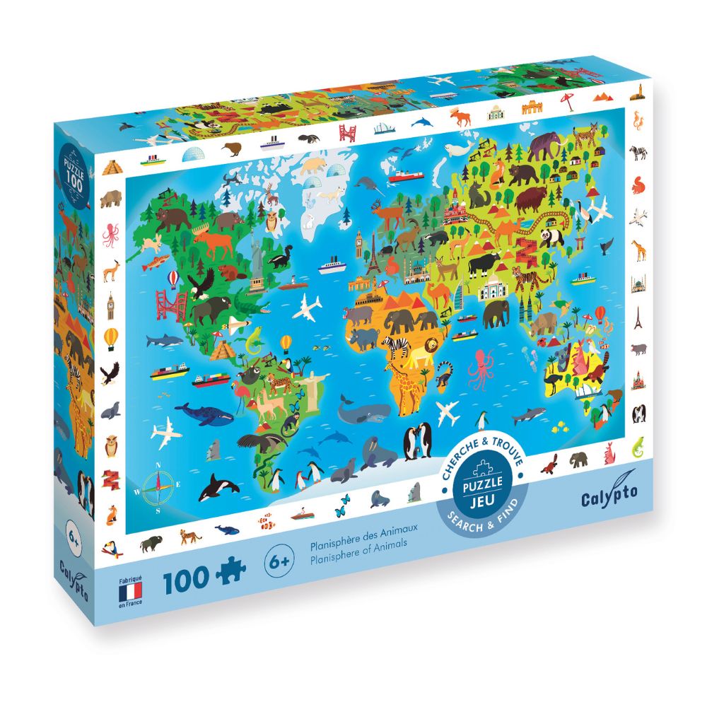 Calypto Jigsaw Puzzle - Search & Find Planisphère des Animaux 100 pieces
