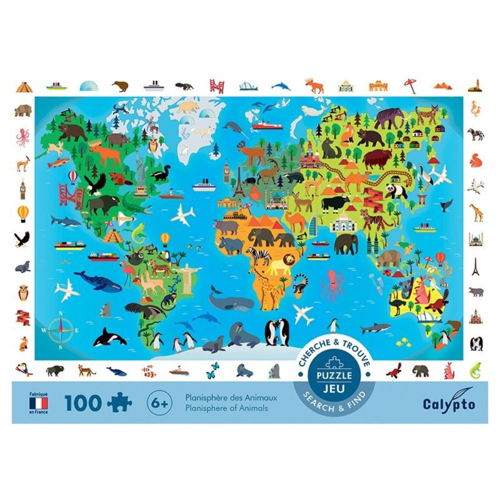 Calypto Jigsaw Puzzle - Search & Find Planisphère des Animaux 100 pieces