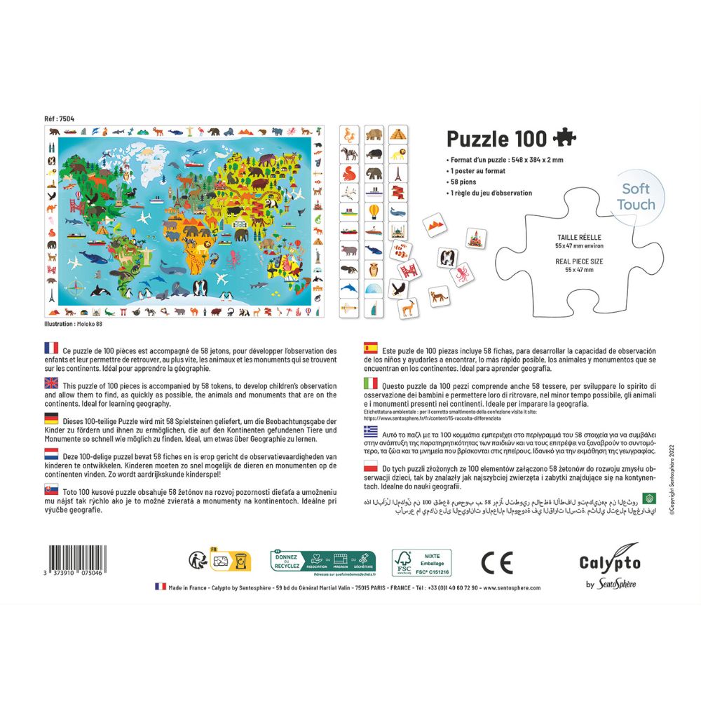Calypto Jigsaw Puzzle - Search & Find Planisphère des Animaux 100 pieces